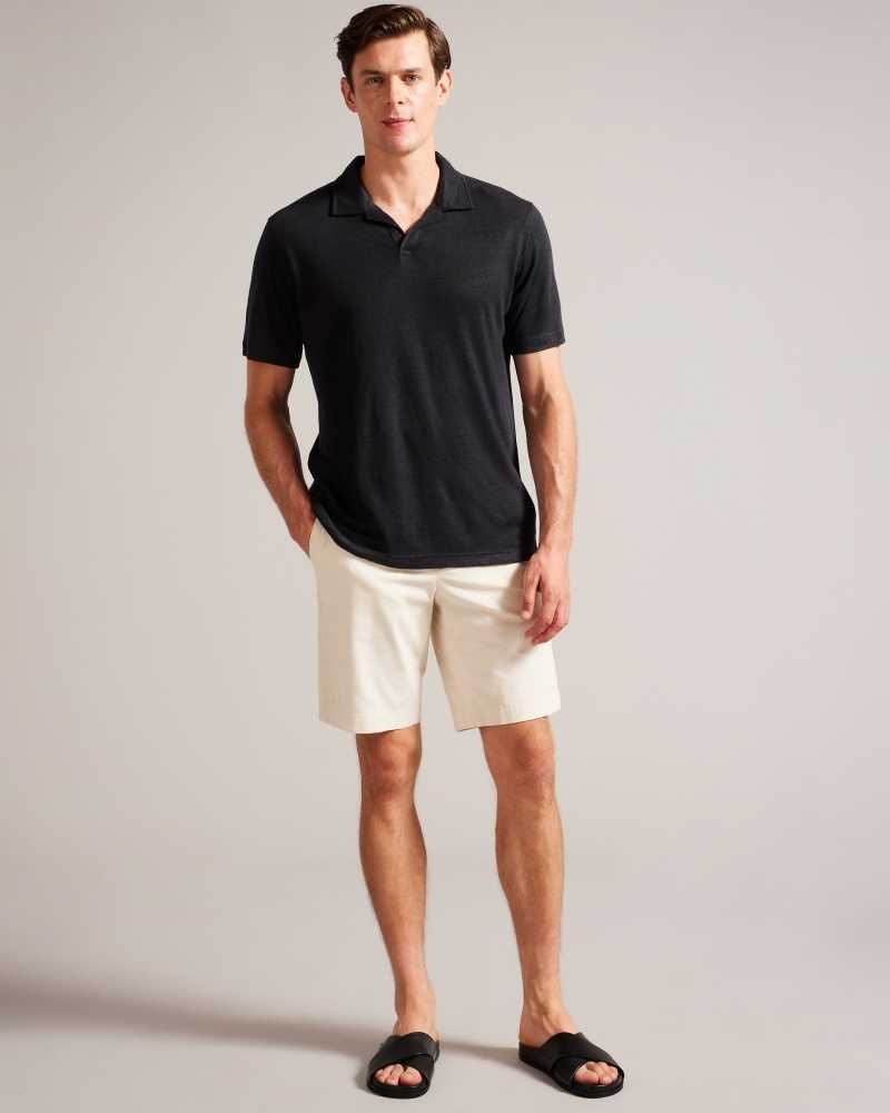 Black Ted Baker Lingpo Short Sleeve Linen Open Neck Polo Shirt | US0000541