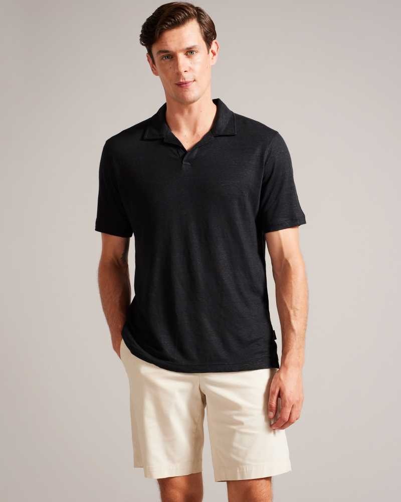 Black Ted Baker Lingpo Short Sleeve Linen Open Neck Polo Shirt | US0000541