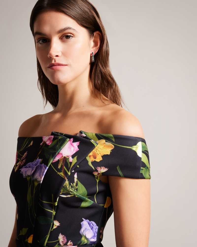 Black Ted Baker Loveina Floral Bardot Bodycon Dresses | US0000122