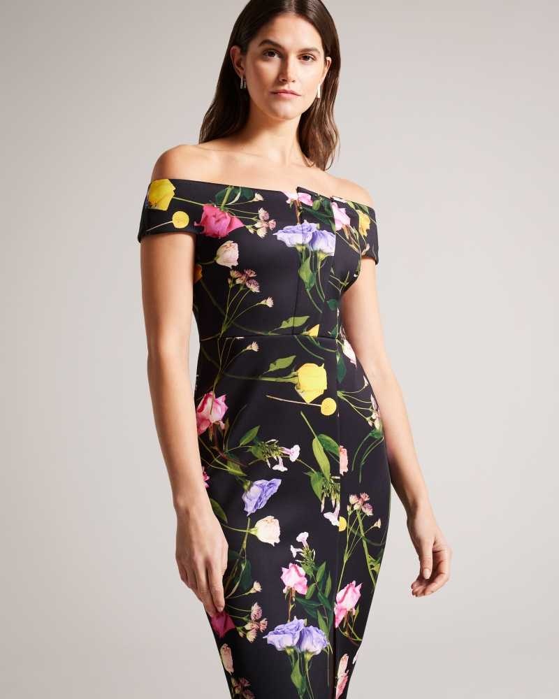 Black Ted Baker Loveina Floral Bardot Bodycon Dresses | US0000122