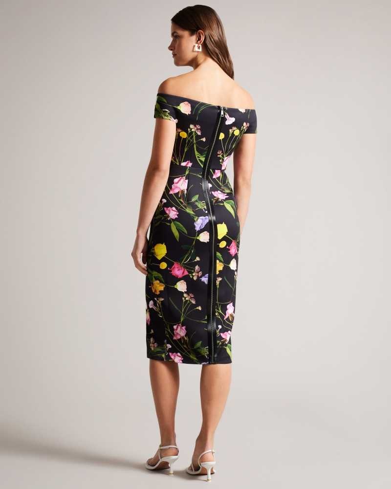 Black Ted Baker Loveina Floral Bardot Bodycon Dresses | US0000122