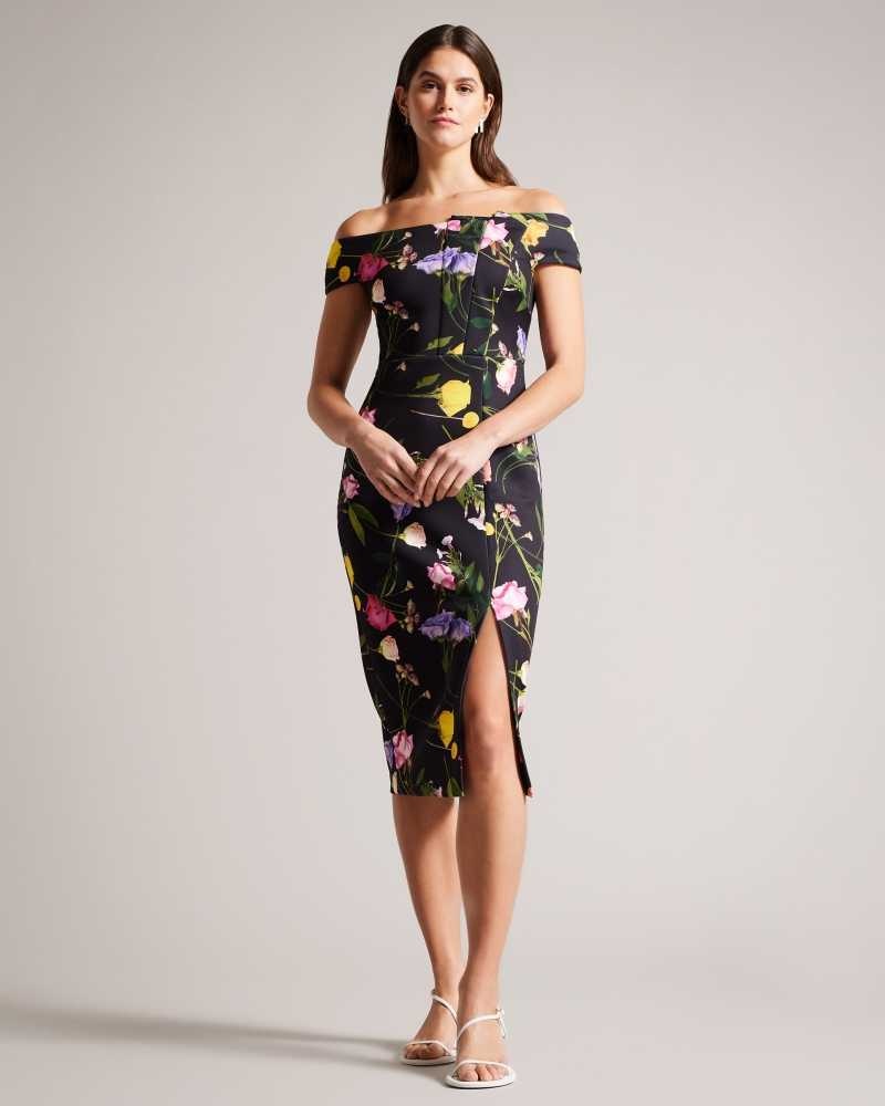 Black Ted Baker Loveina Floral Bardot Bodycon Dresses | US0000122