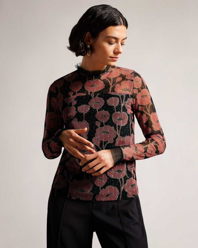 Black Ted Baker Maggann Long Sleeved Top With Frill Details | US0000967