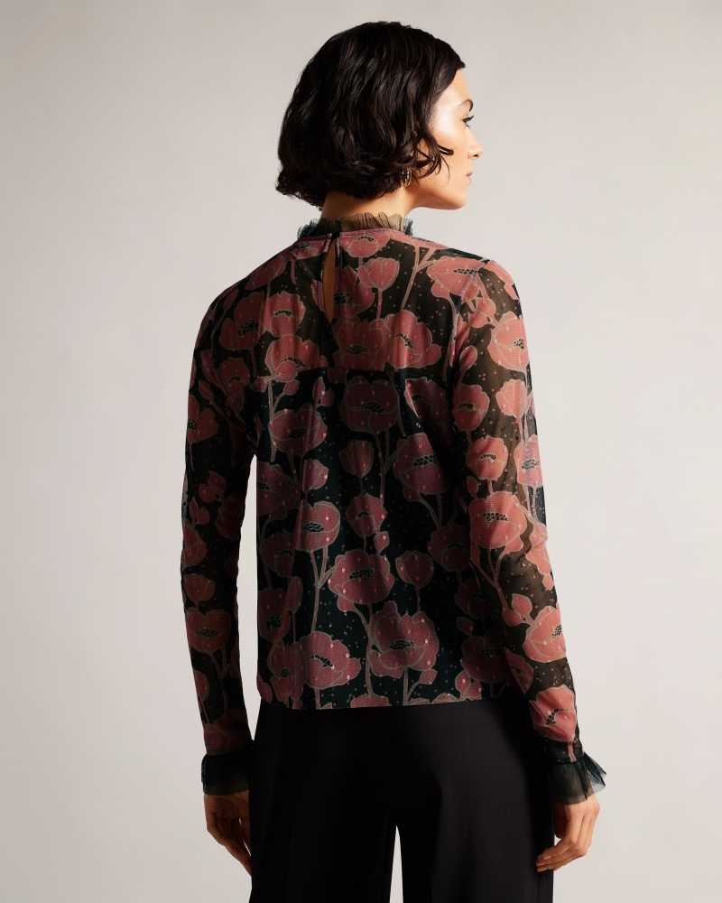 Black Ted Baker Maggann Long Sleeved Top With Frill Details | US0000967