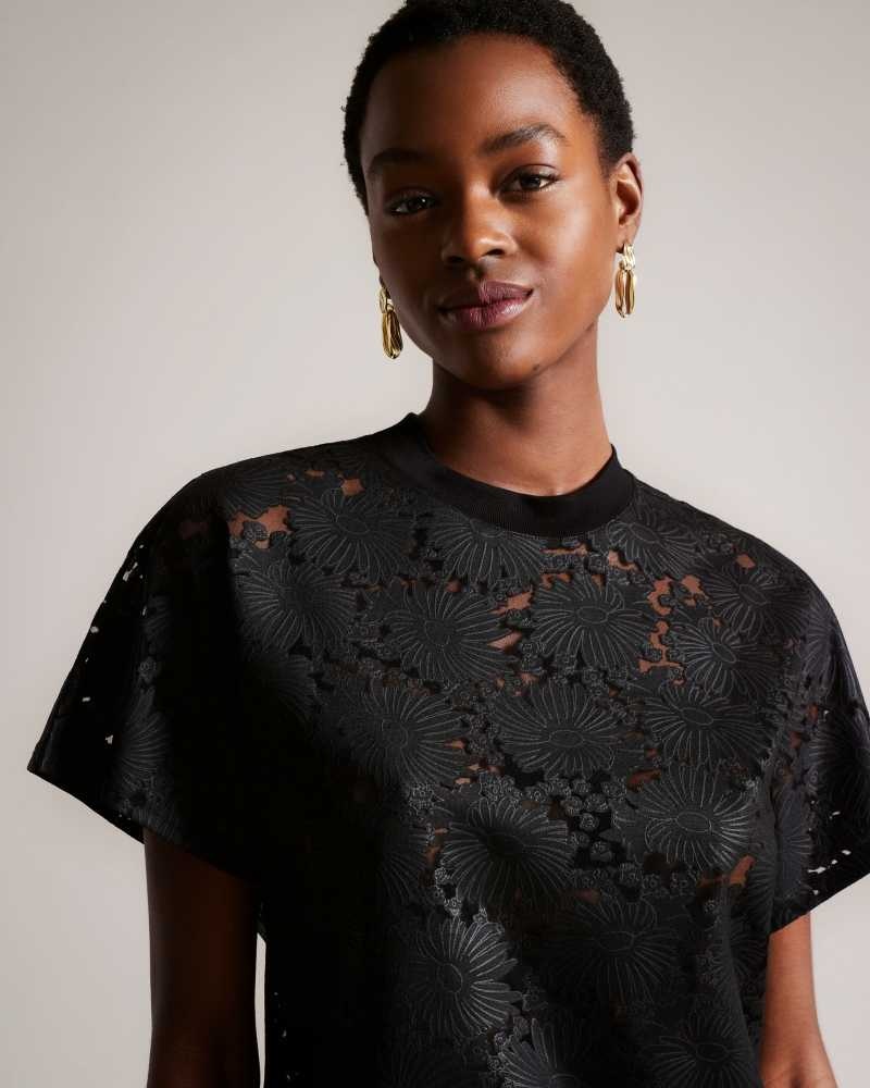 Black Ted Baker Maralo Floral Lace Relaxed T-Shirt | US0000871