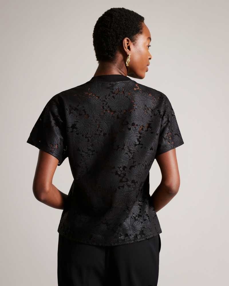 Black Ted Baker Maralo Floral Lace Relaxed T-Shirt | US0000871