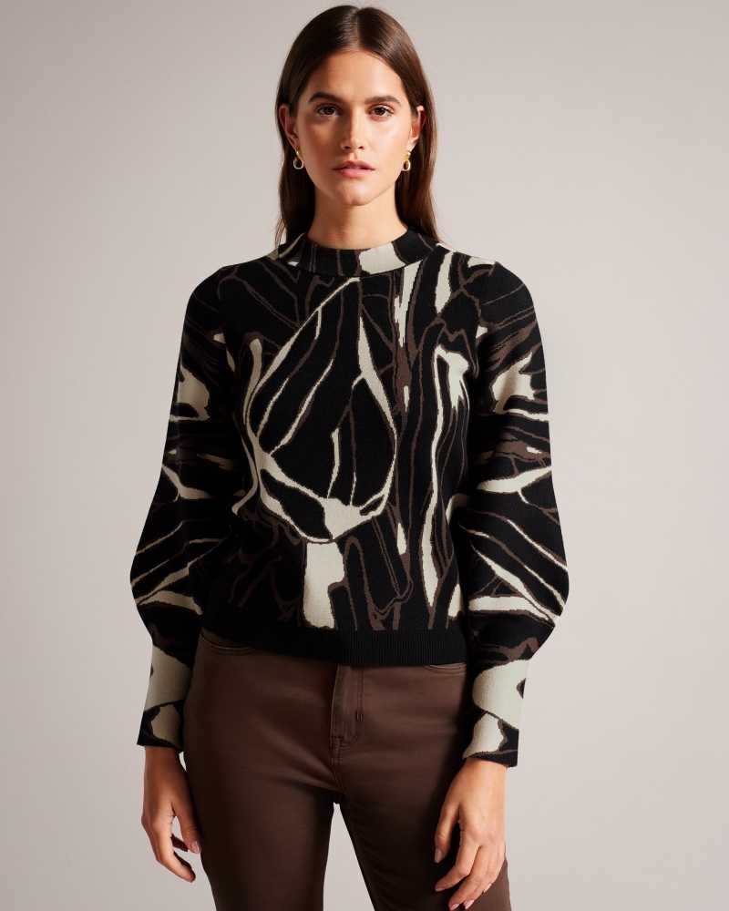 Black Ted Baker Marelia Abstract Jumper With Puff Sleeve | US0000346