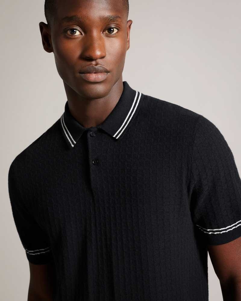 Black Ted Baker Maytain Short Sleeve Textured Polo Shirt | US0000543