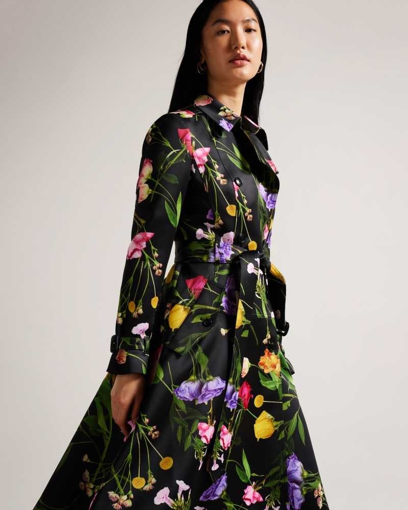 Black Ted Baker Moiraa Floral Double Breasted Trench Coat Coats | US0000203