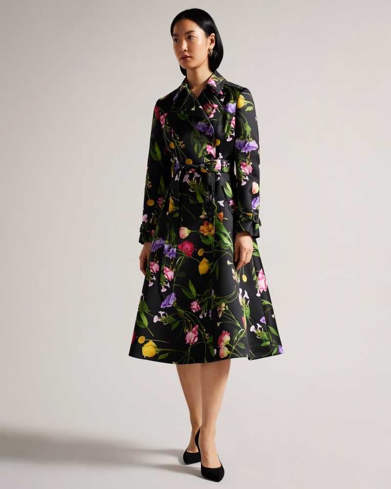 Black Ted Baker Moiraa Floral Double Breasted Trench Coat Coats | US0000203