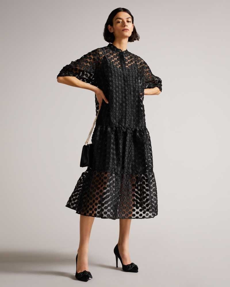 Black Ted Baker Nelanie Oversized Shirt Dresses with Puff Sleeve | US0000033