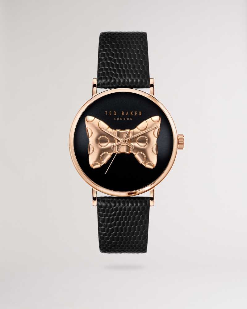 Black Ted Baker Nortia Bow Dial Leather Strap Watch | US0002060