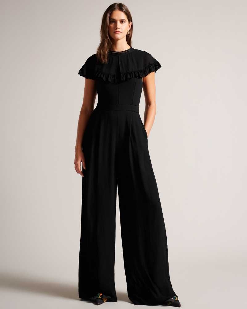 Black Ted Baker Olivvee Cape Jumpsuit With Ladder Lace Detail | US0001083