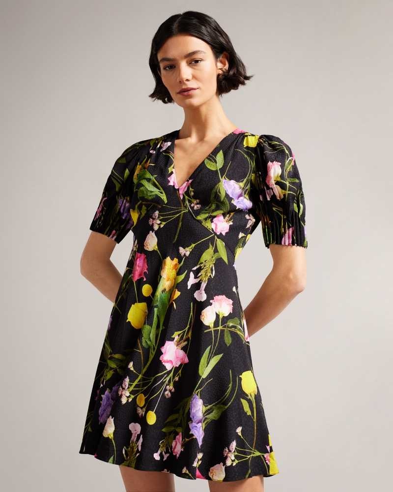 Black Ted Baker Opallie Mini Puff Sleeve Tea Dresses | US0000060