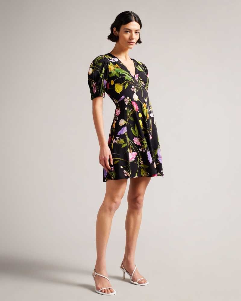 Black Ted Baker Opallie Mini Puff Sleeve Tea Dresses | US0000060