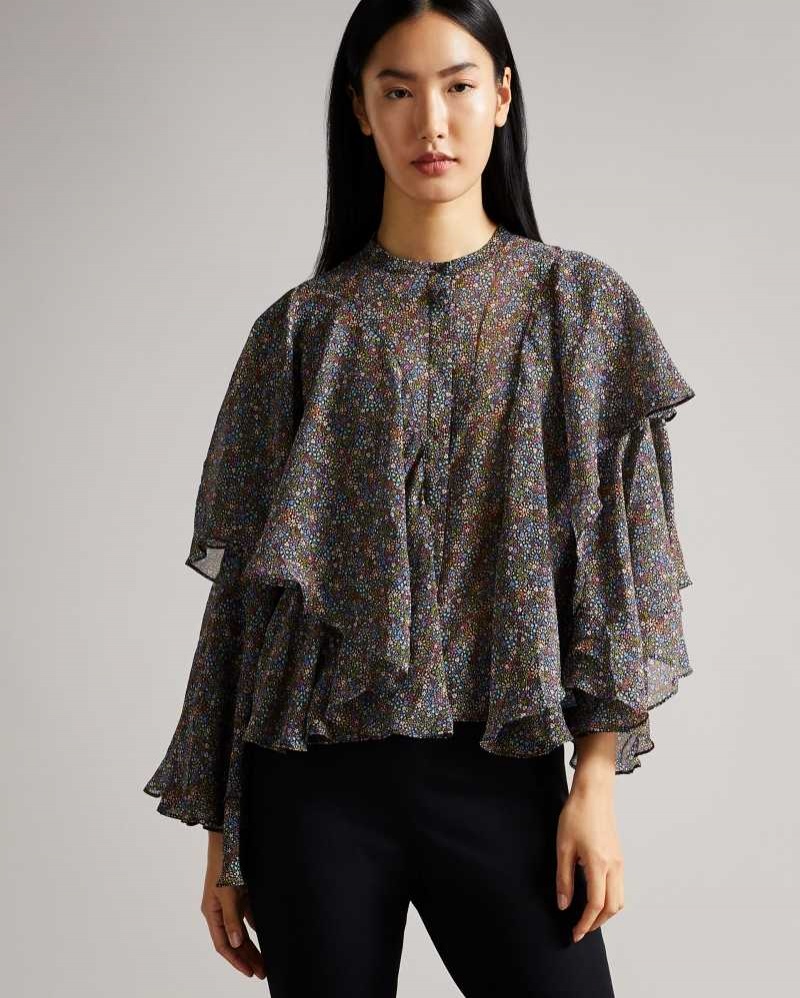 Black Ted Baker Pinku Retro Flood Printed Ruffle Blouse Blouse | US0001076