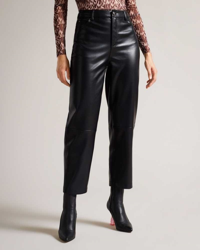 Black Ted Baker Plaider Straight Leg Faux Leather Trousers | US0001090