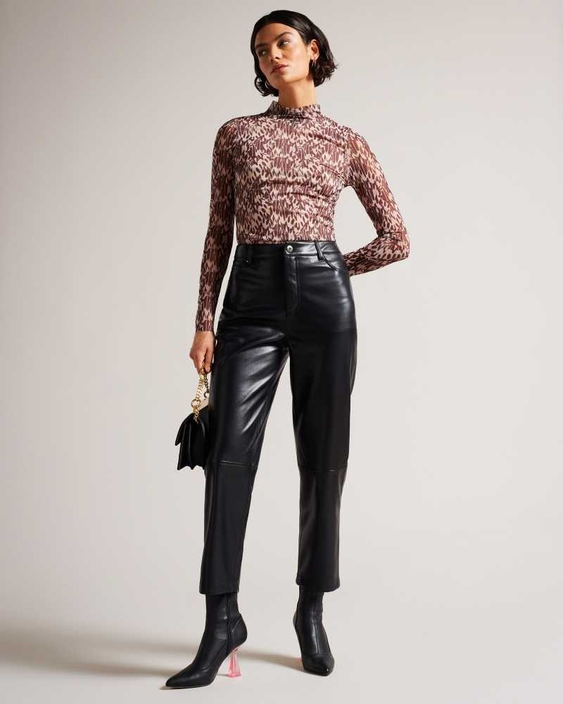 Black Ted Baker Plaider Straight Leg Faux Leather Trousers | US0001090