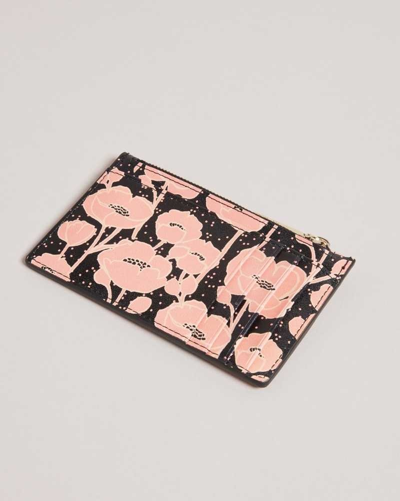 Black Ted Baker Poppsi Floral Printed Zip Card Holder Cardholders | US0001414