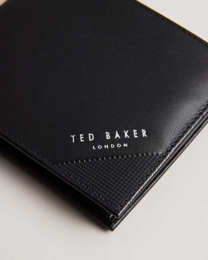 Black Ted Baker Prugs Embossed Corner Leather Bifold Coin Wallet Wallets | US0001558