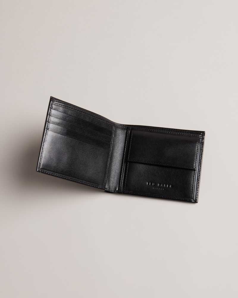 Black Ted Baker Prugs Embossed Corner Leather Bifold Coin Wallet Wallets | US0001558