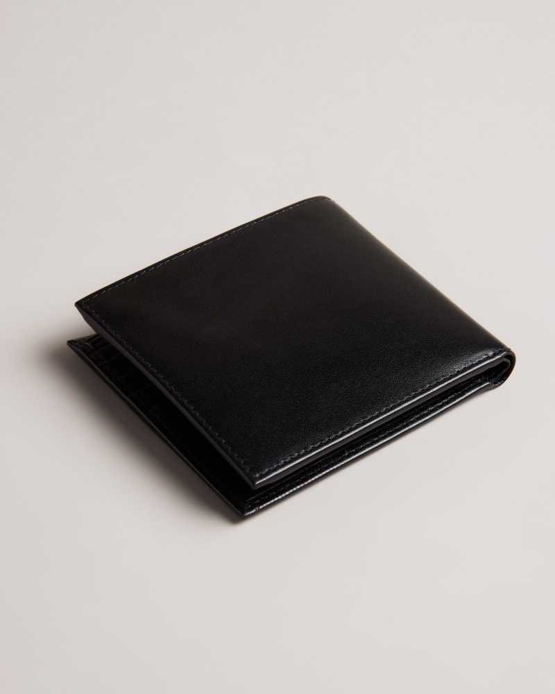 Black Ted Baker Prugs Embossed Corner Leather Bifold Coin Wallet Wallets | US0001558