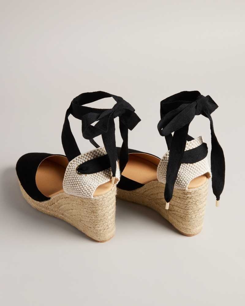 Black Ted Baker Puritas Suede Ribbon Tie Espadrille Wedges | US0002203