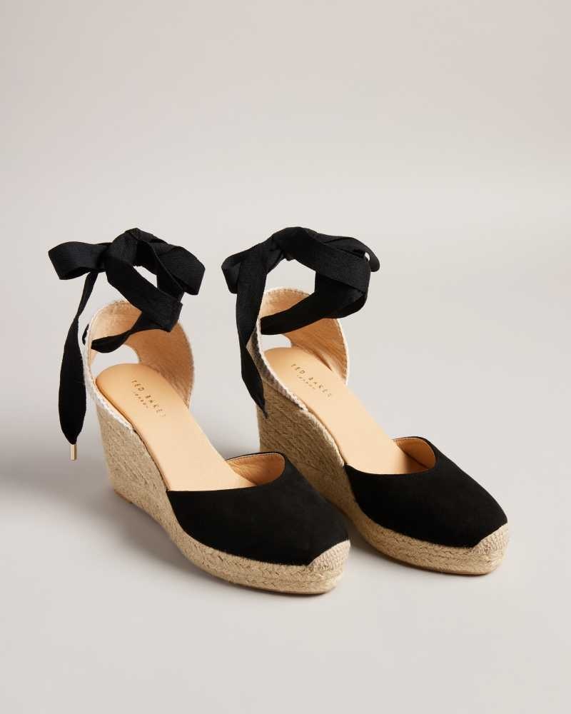 Black Ted Baker Puritas Suede Ribbon Tie Espadrille Wedges | US0002203