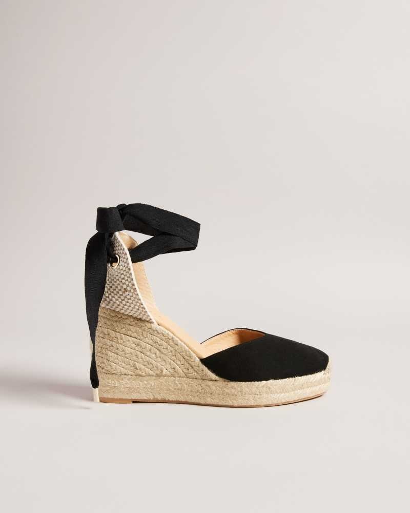 Black Ted Baker Puritas Suede Ribbon Tie Espadrille Wedges | US0002203