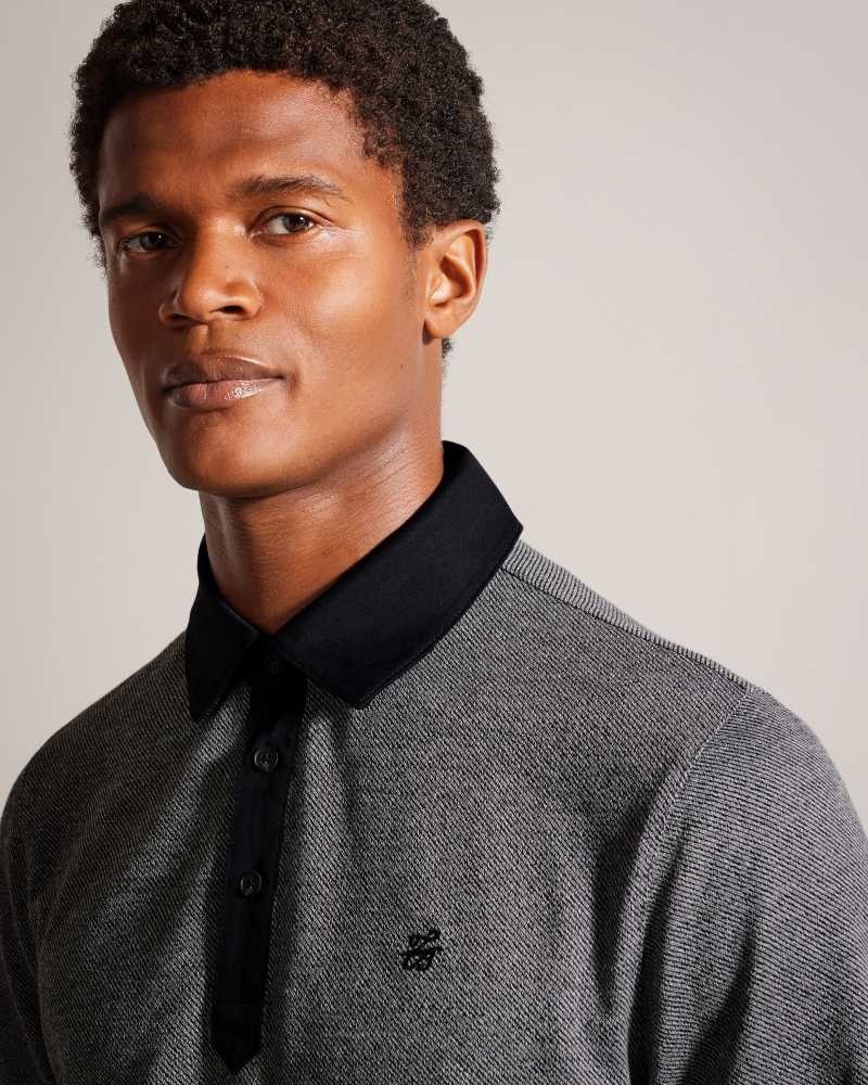 Black Ted Baker Razen Long Sleeve Woven Polo Shirt | US0000486