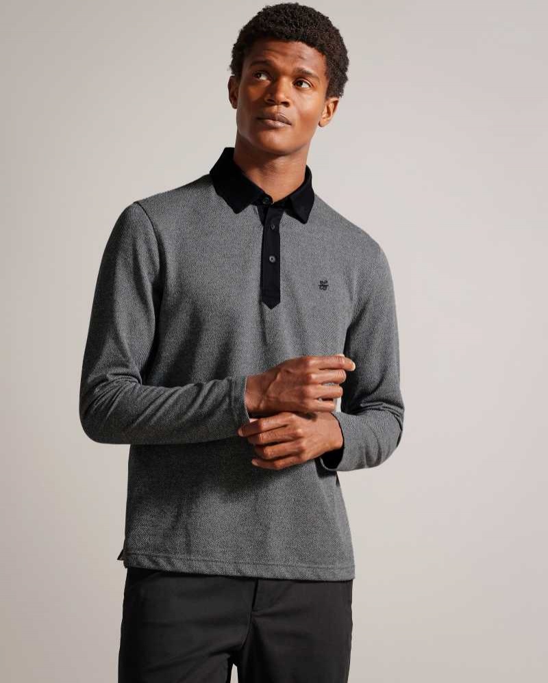 Black Ted Baker Razen Long Sleeve Woven Polo Shirt | US0000486