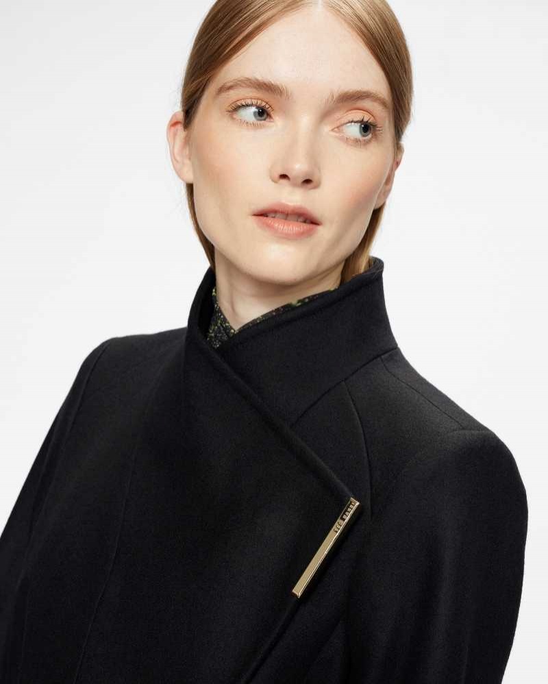 Black Ted Baker Rosell Long Length Wool Wrap Coat Jackets | US0000262