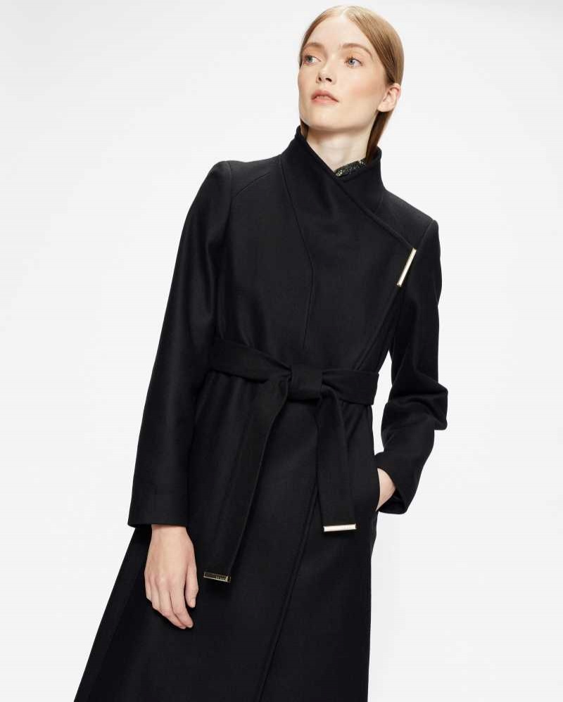 Black Ted Baker Rosell Long Length Wool Wrap Coat Jackets | US0000262