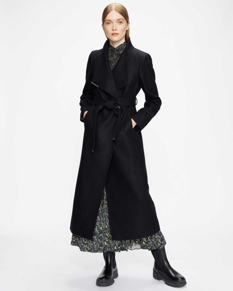 Black Ted Baker Rosell Long Length Wool Wrap Coat Jackets | US0000262