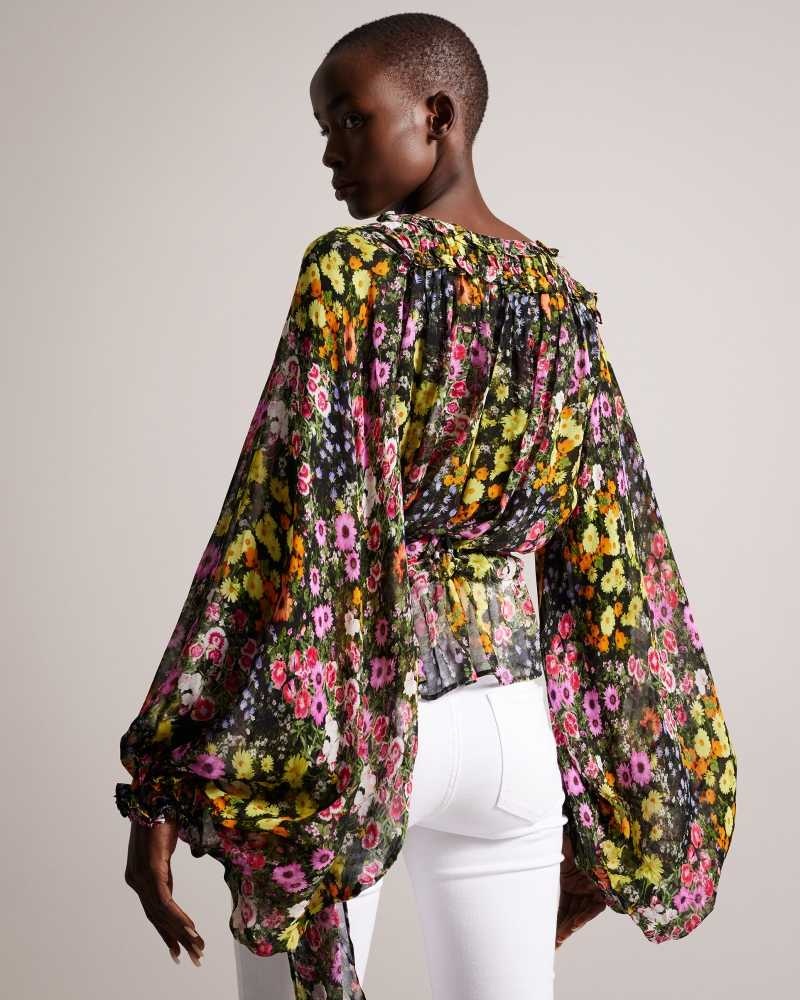 Black Ted Baker Saskiha Floral Blouse With Waist Tie | US0001037