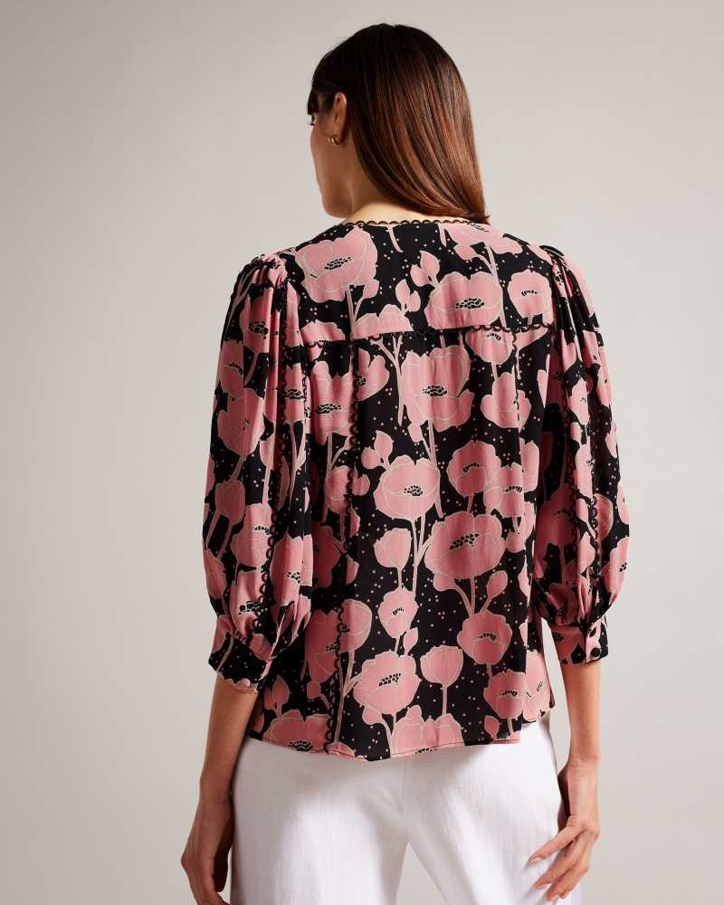 Black Ted Baker Stephii V Neck Poppy Print Blouse Blouse | US0001074