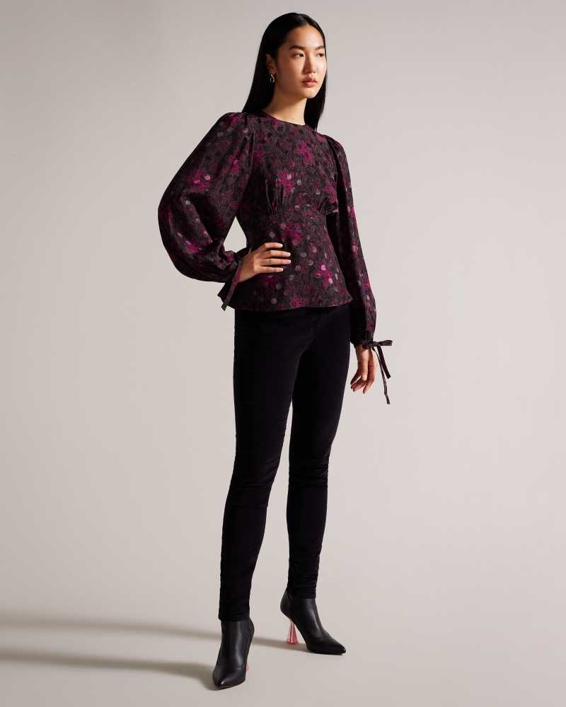 Black Ted Baker Terre Printed Peplum Top With Cuffed Sleeves | US0000951