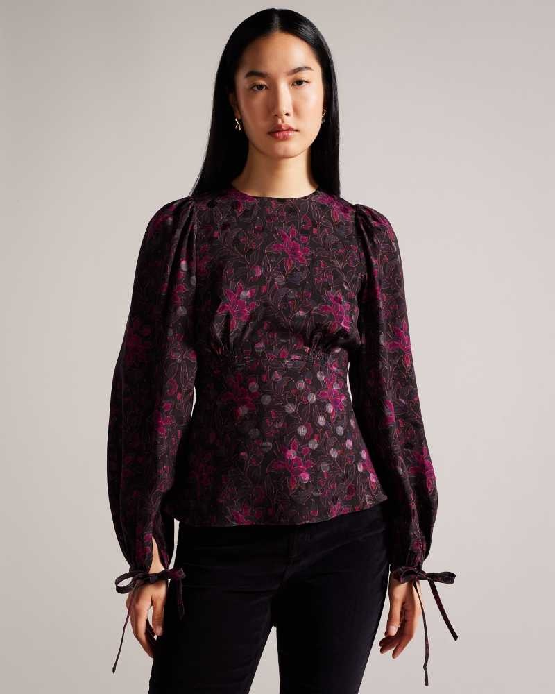 Black Ted Baker Terre Printed Peplum Top With Cuffed Sleeves | US0000951