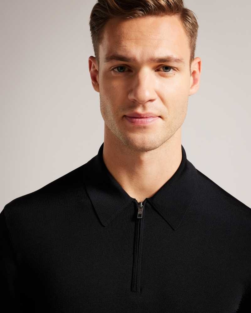 Black Ted Baker Viba Long Sleeve Regular Half Zip Rayon Polo Shirt | US0000561