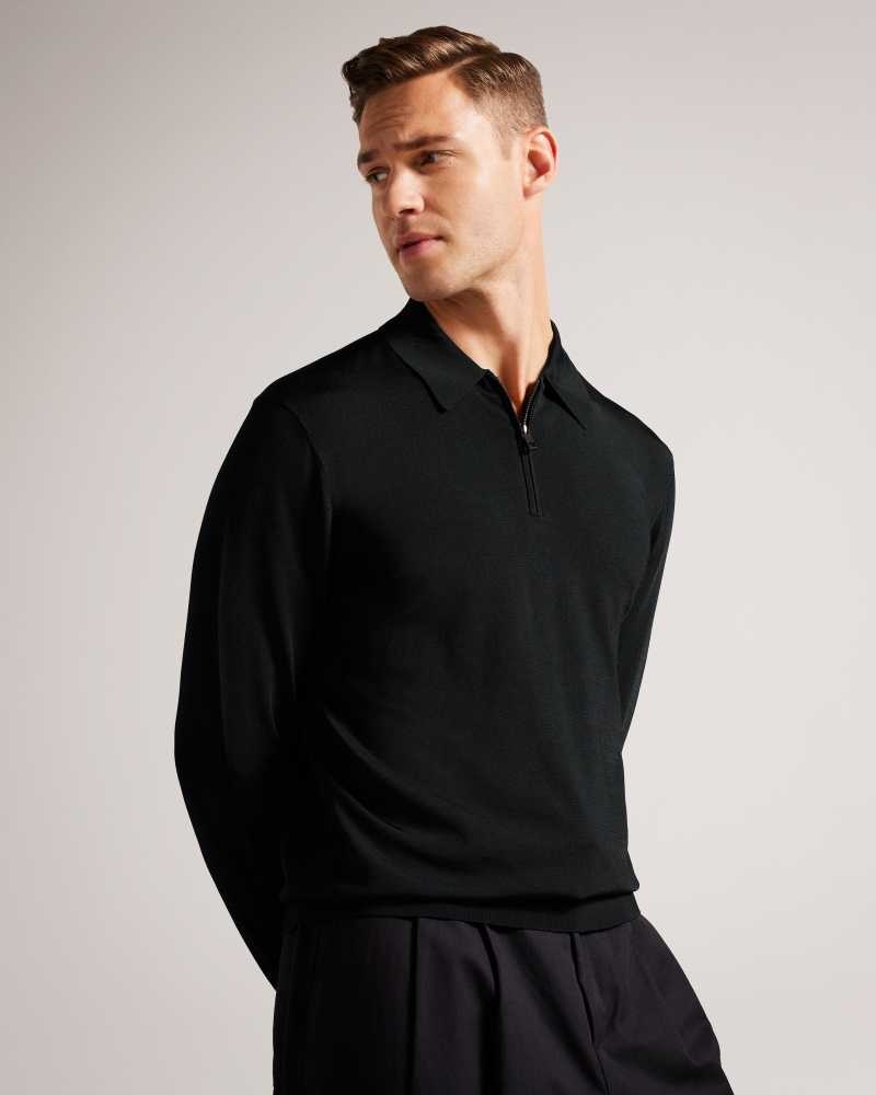 Black Ted Baker Viba Long Sleeve Regular Half Zip Rayon Polo Shirt | US0000561