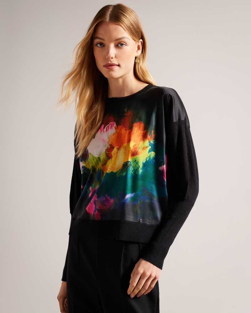 Black Ted Baker Zarha Art Print Jumper With Sleeve Detail | US0000368