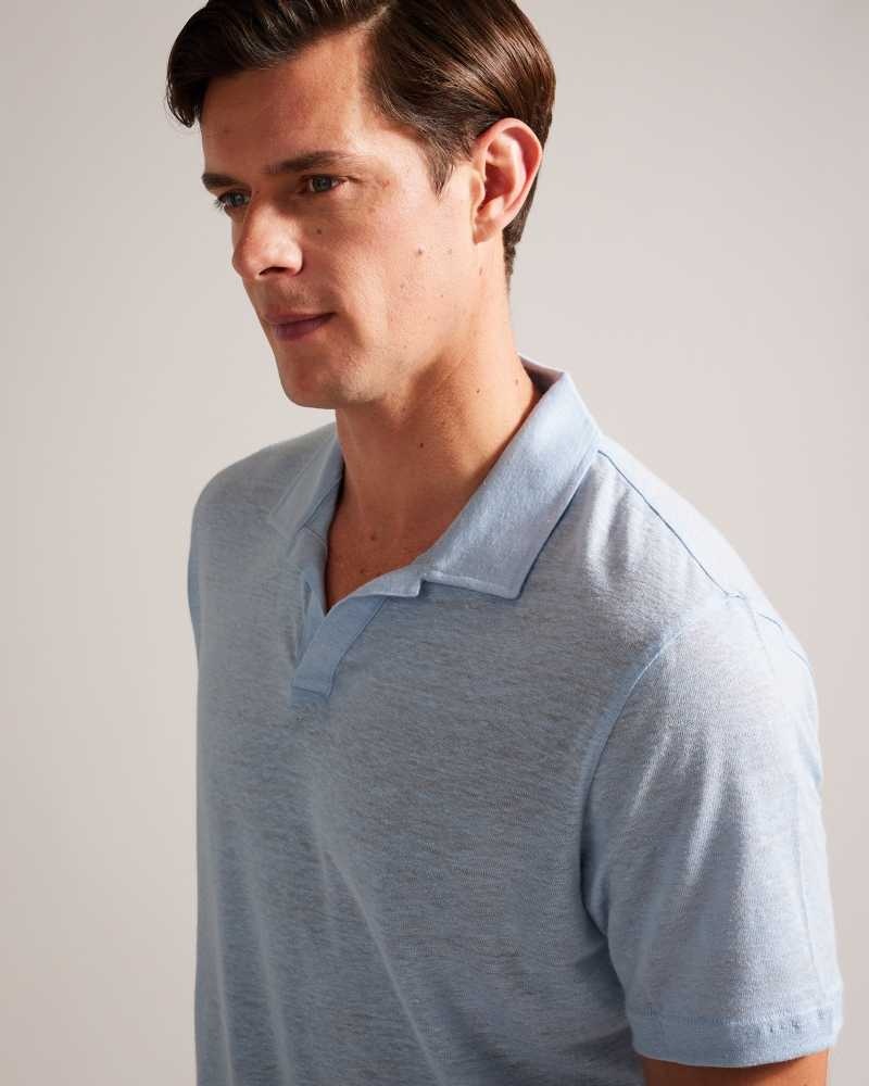 Blue Ted Baker Lingpo Short Sleeve Linen Open Neck Polo Shirt | US0000553