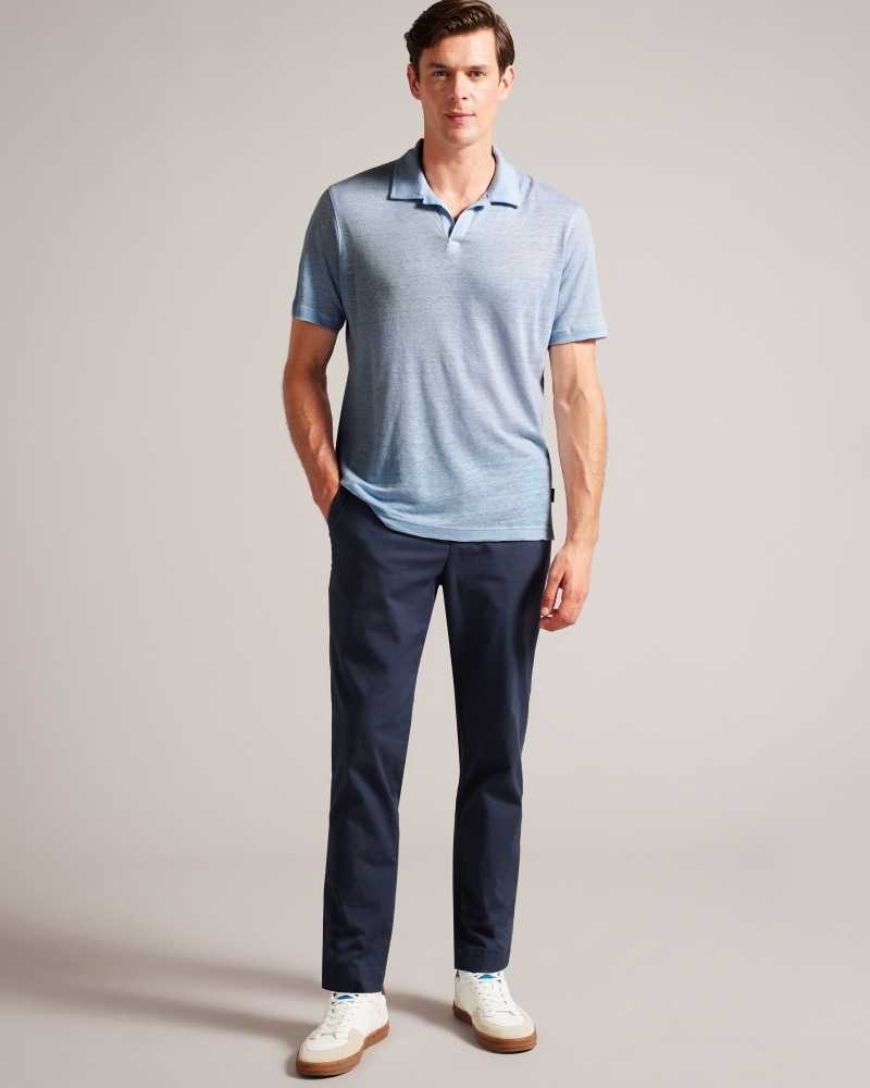 Blue Ted Baker Lingpo Short Sleeve Linen Open Neck Polo Shirt | US0000553