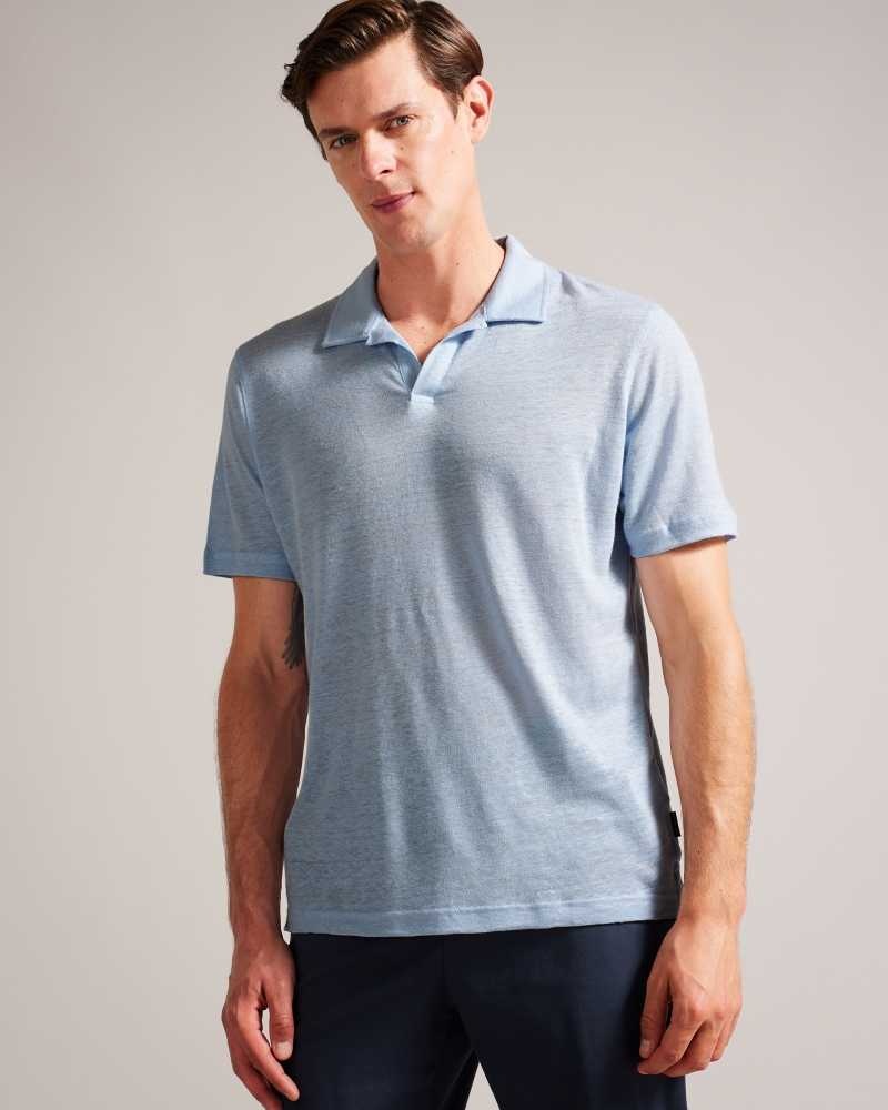 Blue Ted Baker Lingpo Short Sleeve Linen Open Neck Polo Shirt | US0000553