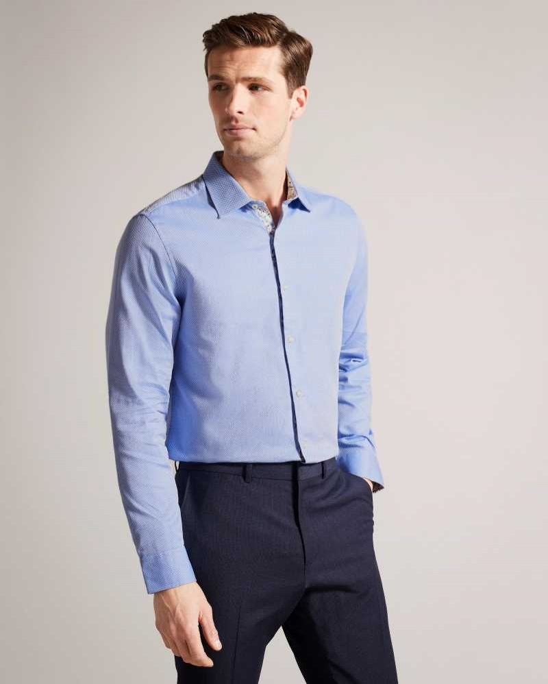 Blue Ted Baker Textls Textured Long Sleeve Cotton Shirt | US0000645