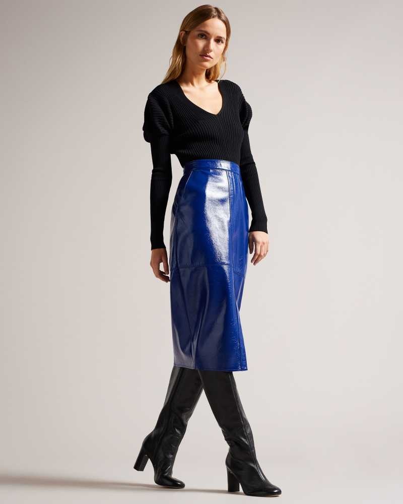 Blue Ted Baker Vinell Panelled Vinyl Pencil Skirt | US0000713