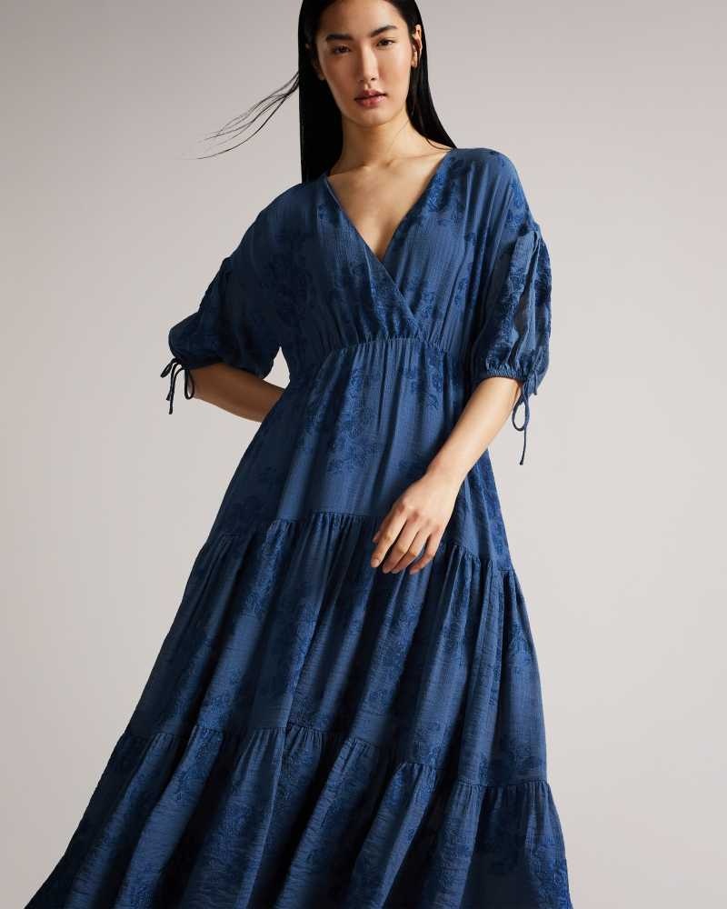 Blue Ted Baker Zilda Puff Sleeve Wrap Front Midi Dresses | US0000018