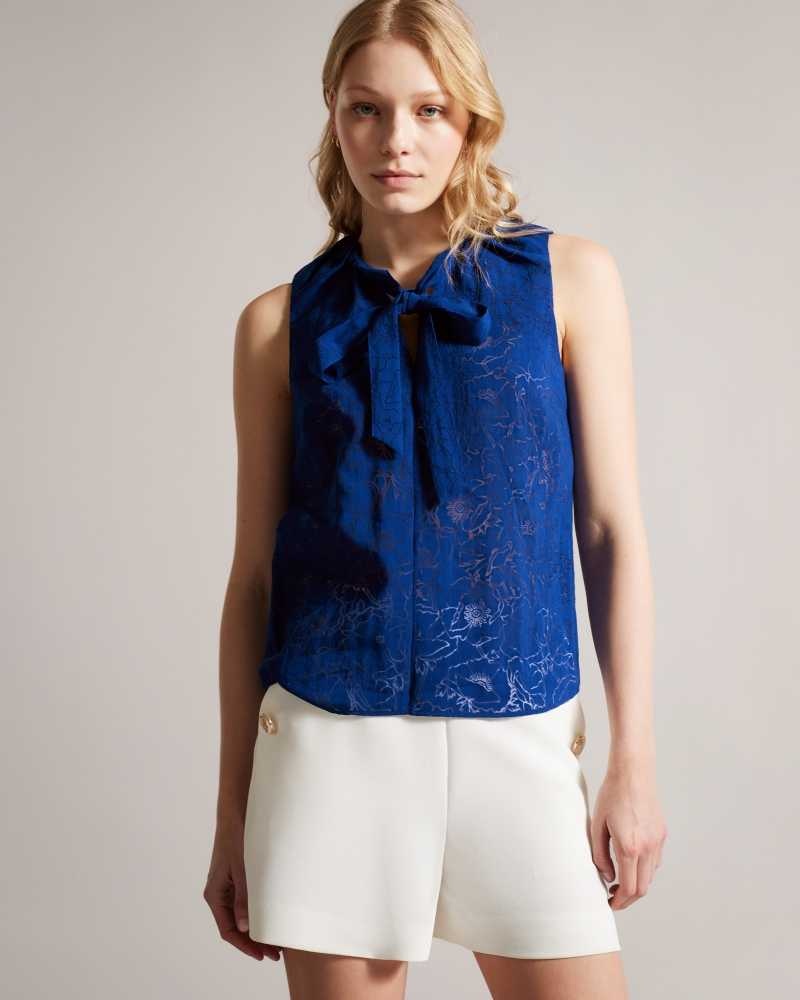 Bright Blue Ted Baker Adelaai Devoré Floral Top With Neck Tie | US0000984