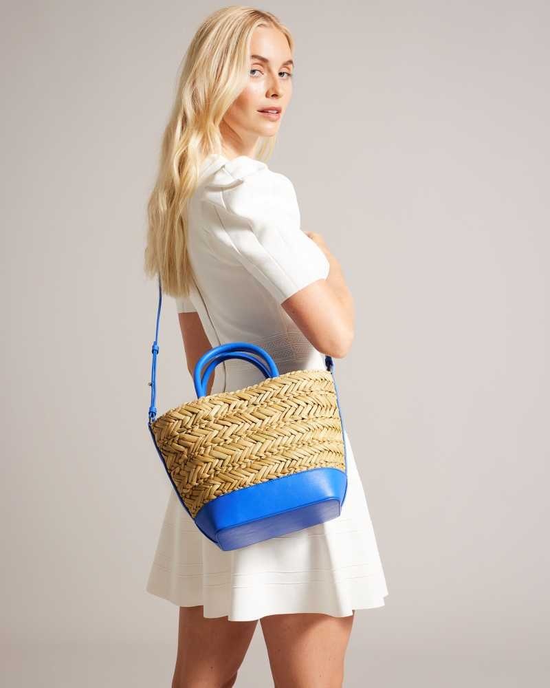 Bright Blue Ted Baker Ivelie Medium Raffia Basket Weave Tote Bag | US0001345