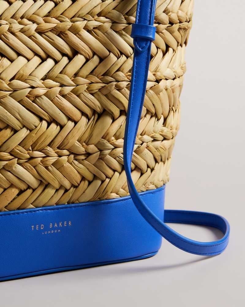 Bright Blue Ted Baker Ivelie Medium Raffia Basket Weave Tote Bag | US0001345